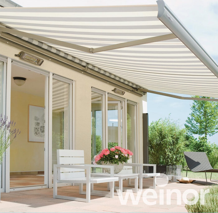 Weinor retractable awning - white and grey striped fabric