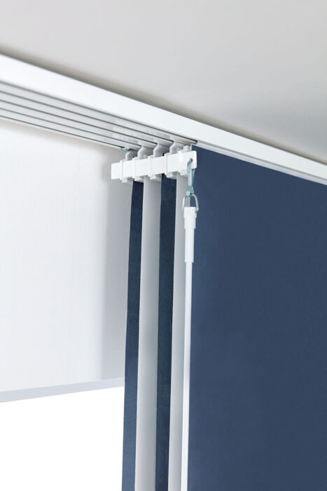 Louvolite Panel Blind track detail - blackout "French blue and Iona"