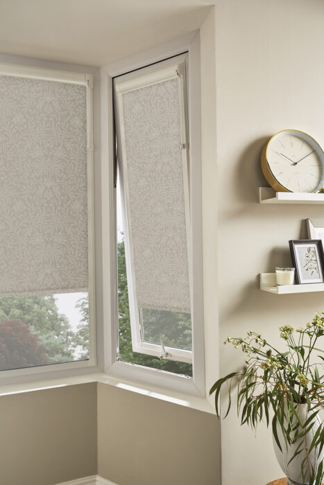 Perfect fit roller blind - Florence Tapestry beige. Showing open window operation 