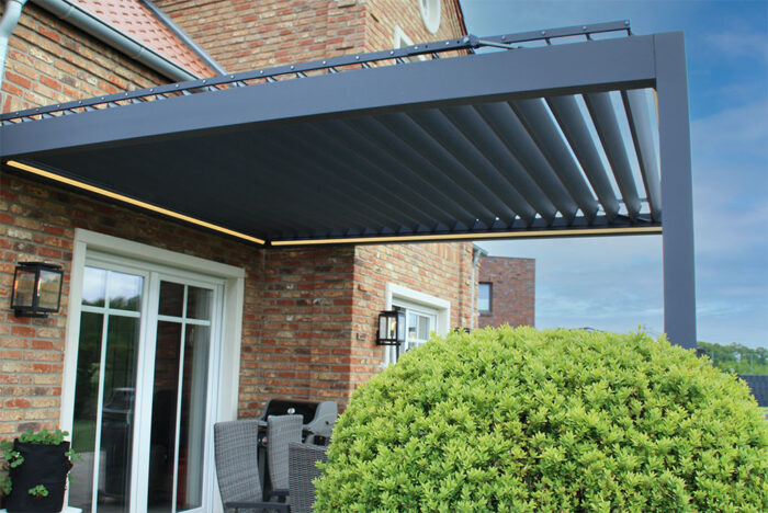 Duponti pinela louvred roof pergola in grey