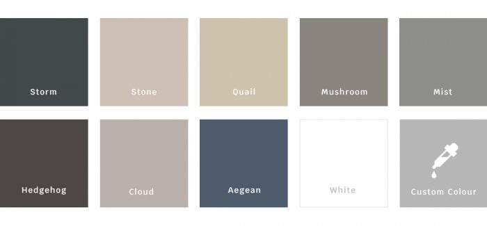 Shutters colours - Storrm, Stone, Quail, Mushroom, Mist, Hedgehog, Cloud, Aegean, White and custom